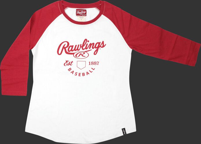Front of Rawlings White/Scarlet Women's EST Raglan Baseball T-Shirt - SKU #RA30002-623