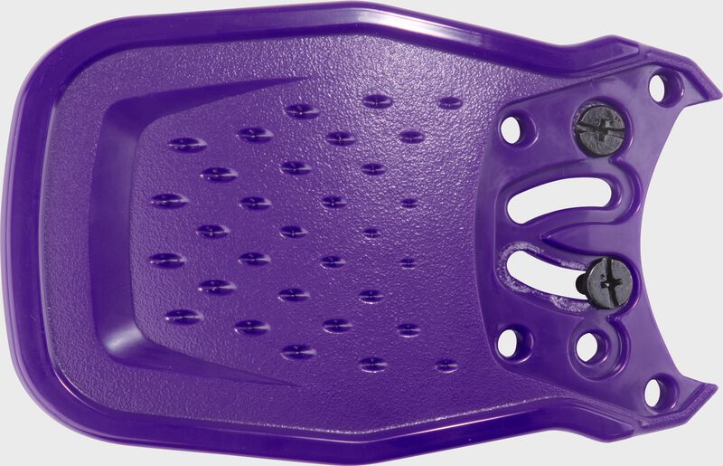 A purple Rawlings RX2 Reverse adjustable batting helmet extension with the mounting holes
