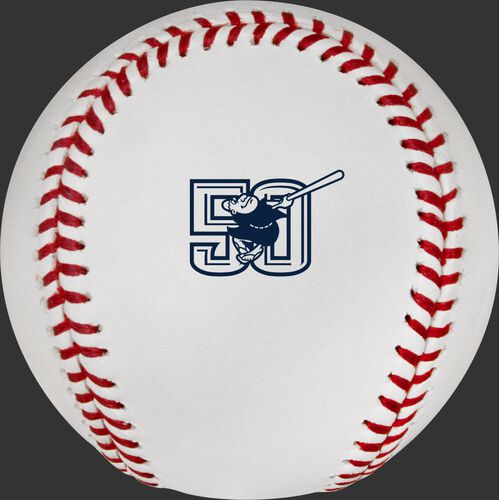 The 50 year anniversary San Diego Padres logo stamped on the ROMLBSD50 baseball