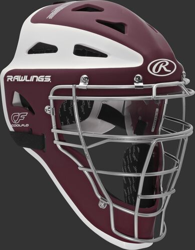 Front right of a maroon/white CHVELY Rawlings Velo catcher's helmet