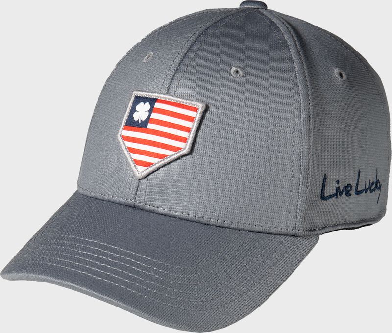 Front of a gray Rawlings Black Clover plate pride fitted hat - SKU: BCR3PP0081