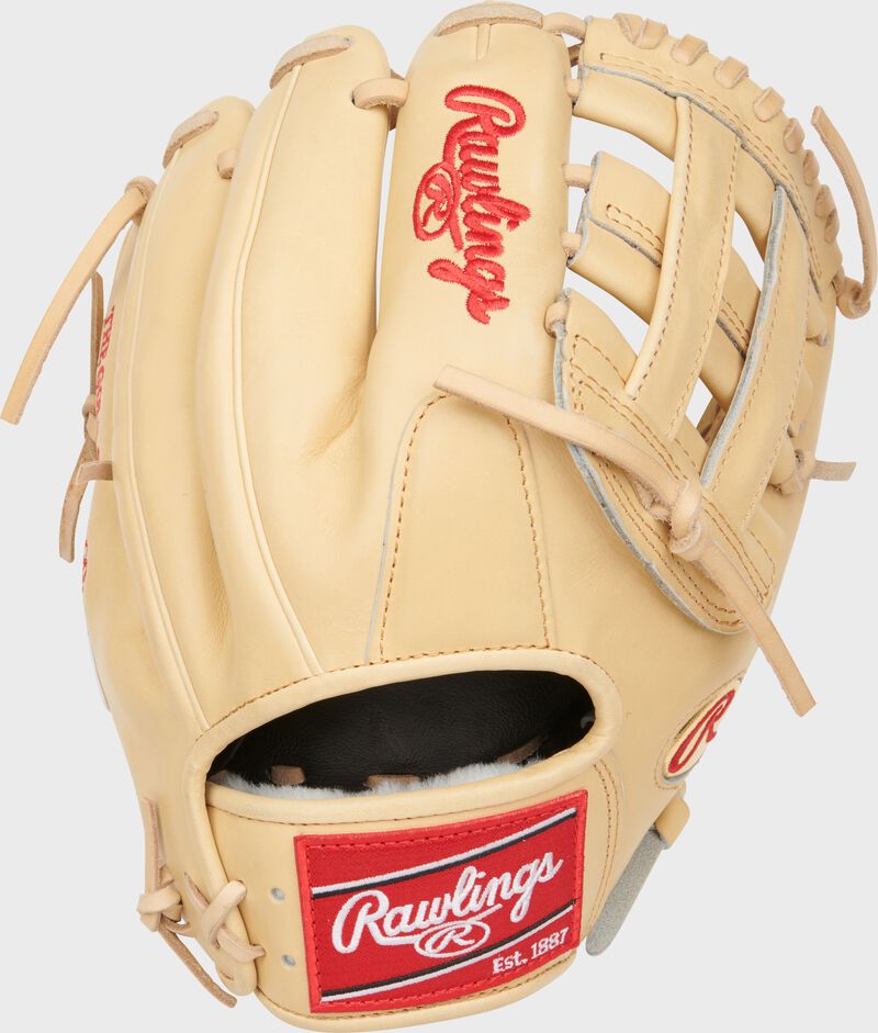 Camel back of a Pro Preferred Brendan Donovan H-web glove with a red Rawlings patch - SKU: PROS204-6BD