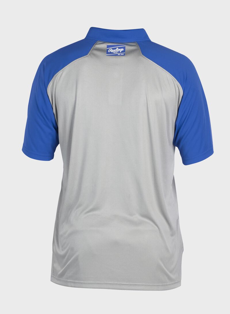 Back of a gray ColorSync polo with royal sleeves and royal Rawlings patch on the back neckline - SKU: CSP-BG/R loading=