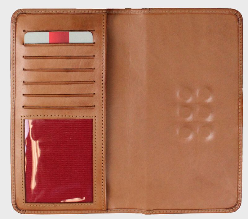 Inside of a tan universal magnetic phone case with card slots and ID window on the left - SKU: RO90006-204