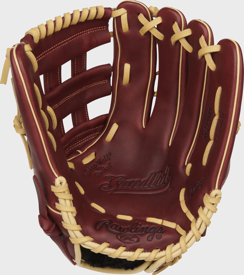 Palm of a sherry Rawlings Sandlot Series outfield glove with camel laces - SKU: S1275HS loading=