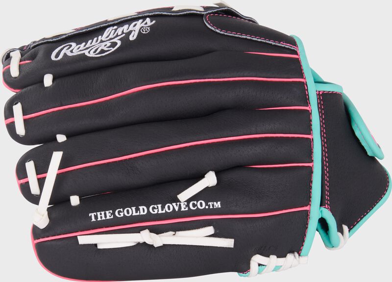 Finger backs of a black/mint/pink Sure Catch Softball 12-inch Youth Softball Glove