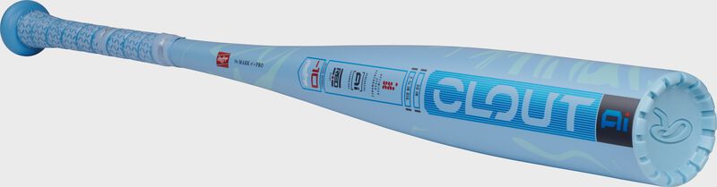 Angled view of a Rawlings Clout -10 USSSA bat with the Clout logo on the barrel