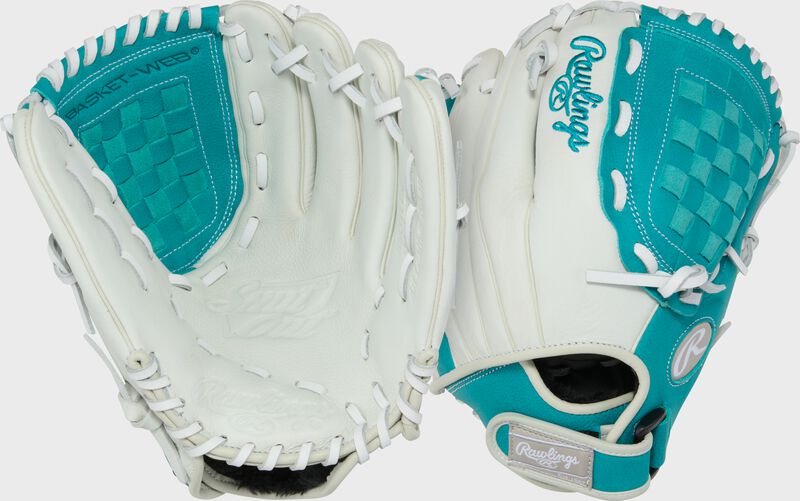 Two images showing the palm & back of a white/teal Shut Out 11.5-inch Fastpitch Softball Glove