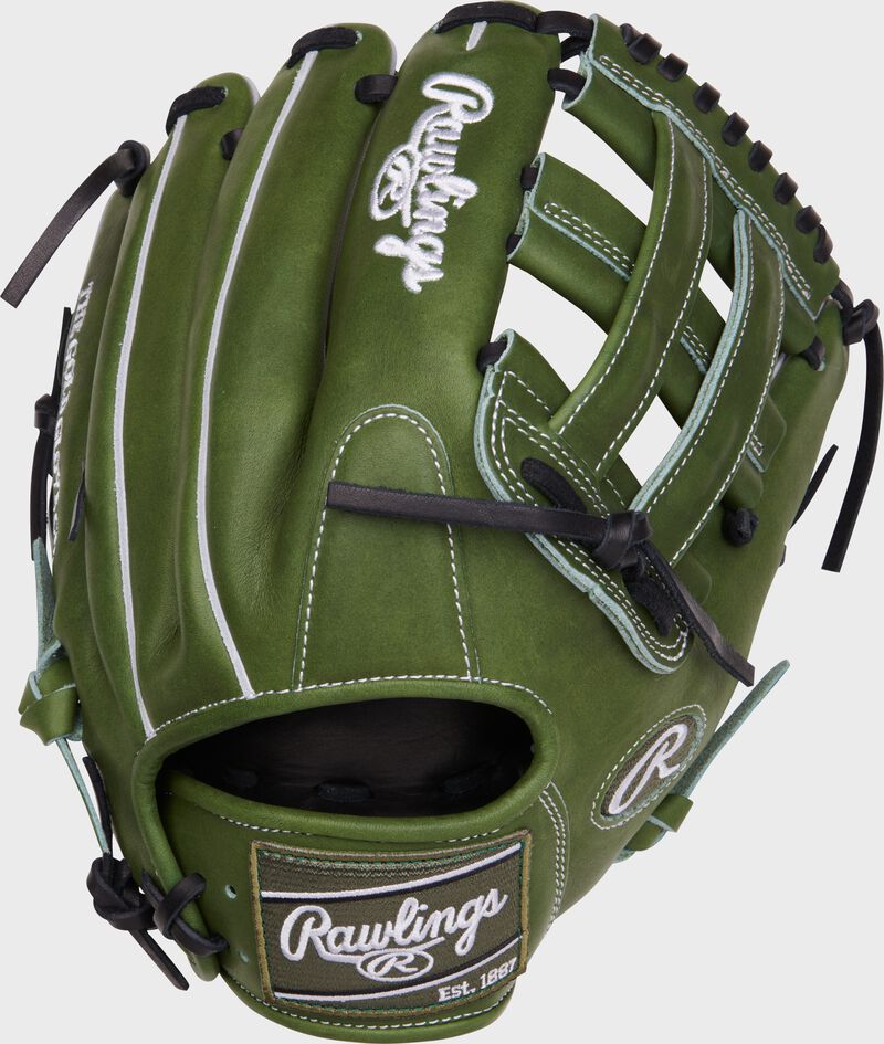 Back of a 12.25" Heart of the Hide H-web military green glove with a dark green Rawlings patch - SKU: PROKB17MG