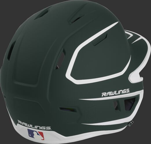 Back right of a two-tone matte dark green/white MACH Rawlings senior size batting helmet