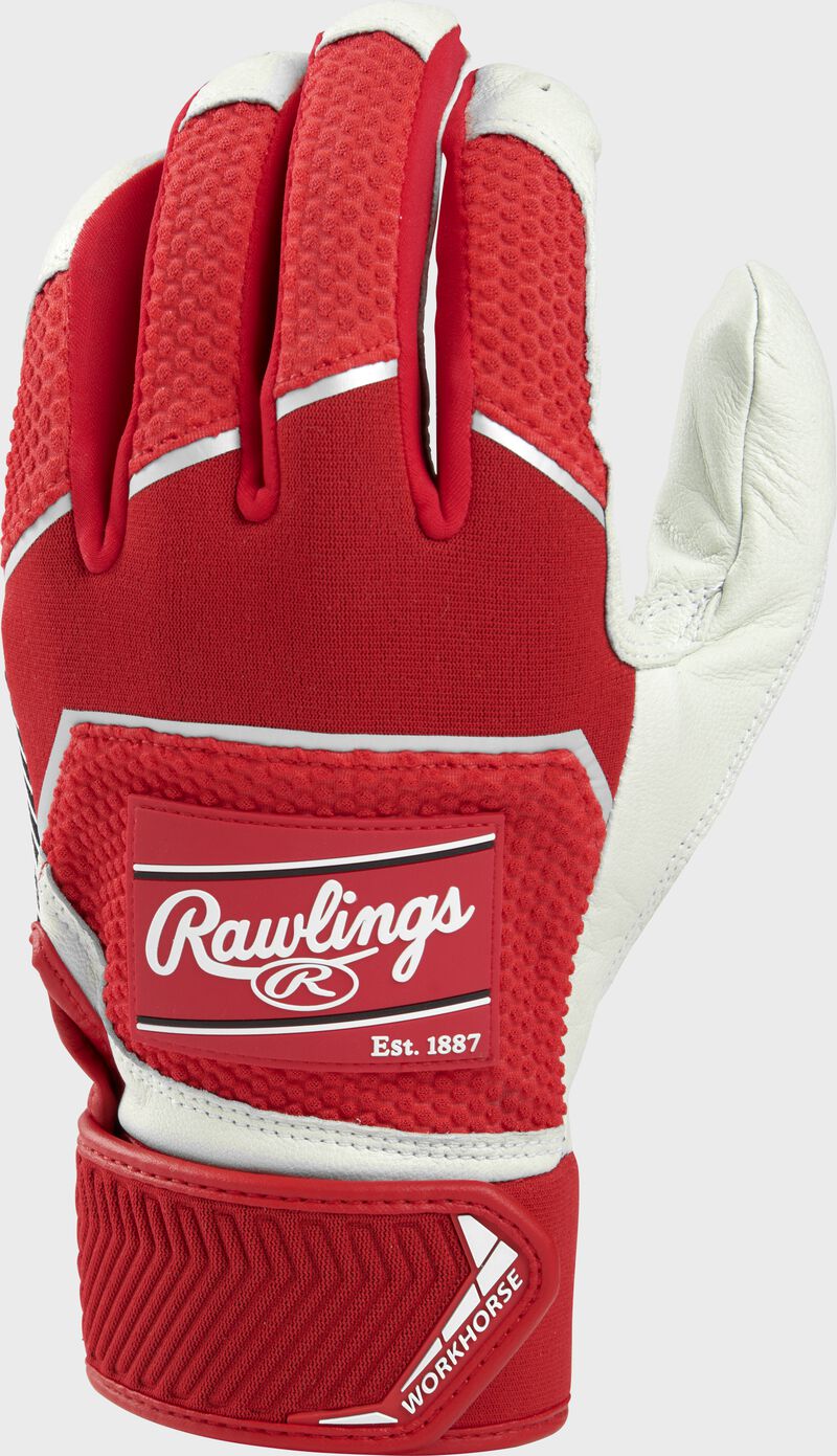 Back of a scarlet 2022 workhorse batting glove with a red Rawlings patch - SKU: WH22BG-S loading=