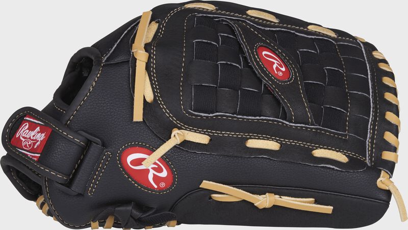 Thumb view of a black RSS125C RSB 14-inch outfield glove with a black Basket web with support strap