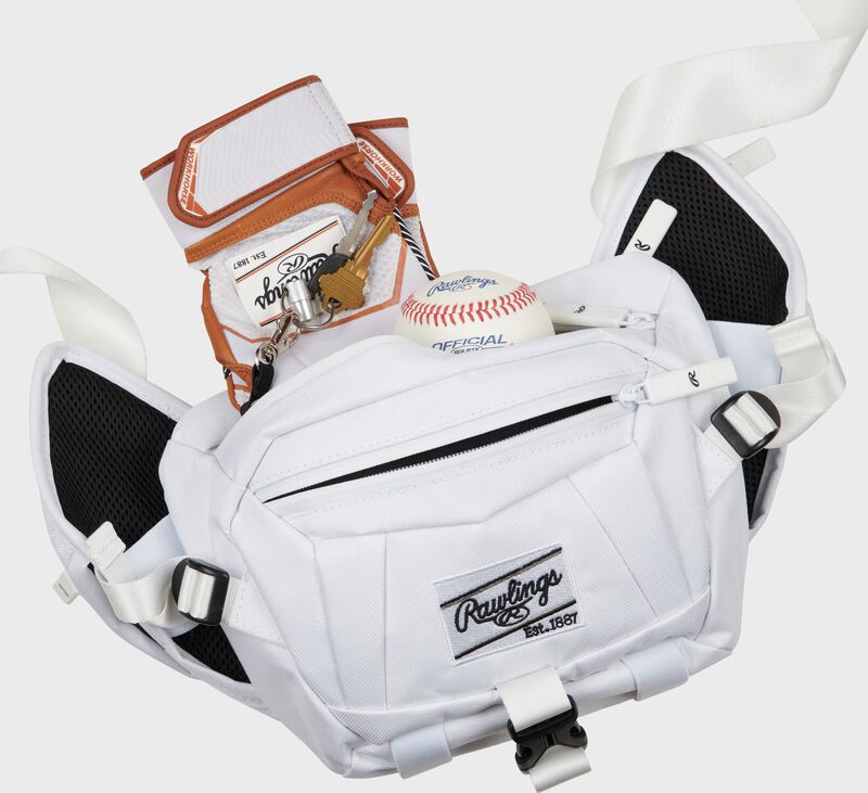 Front of a white Rawlings sling bag with a pair of batting gloves in the main pocket - SKU: RSLING-WH