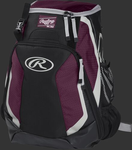 Left side of a black/maroon R500 Players team backpack with white trim