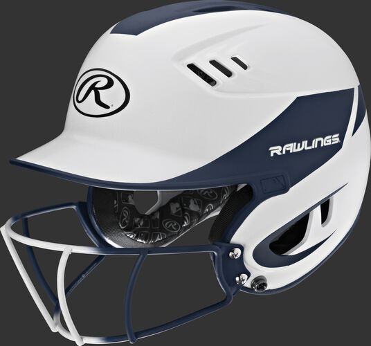 A white/navy R16H2FGS Velo junior batting helmet with a white/navy facemask