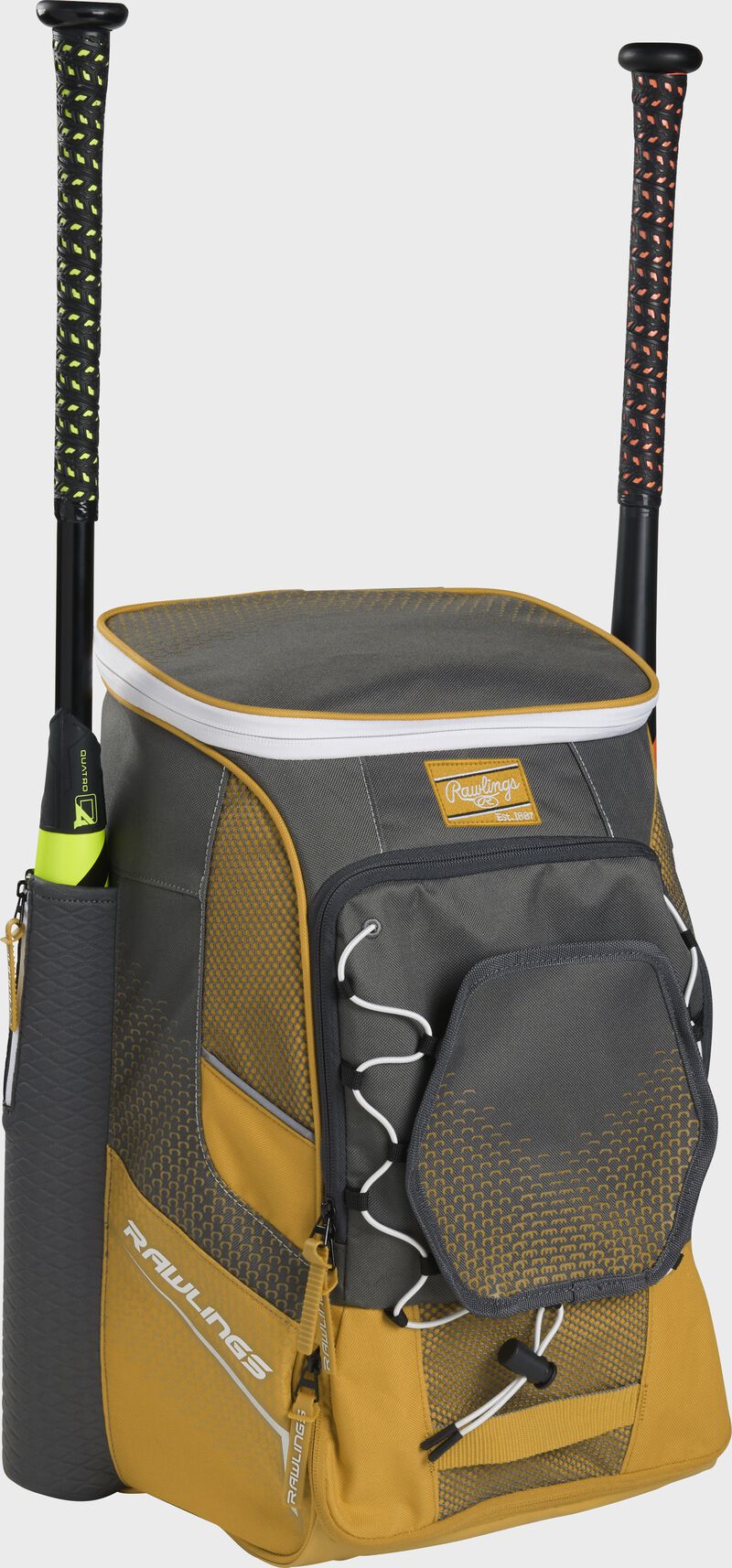 Front left angle of a light gold Rawlings Impulse baseball gear backpack with two bats - SKU: IMPLSE-LG