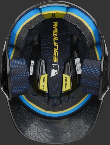 Inside of a Rawlings MACH baseball helmet with IMPAX durable foam padding