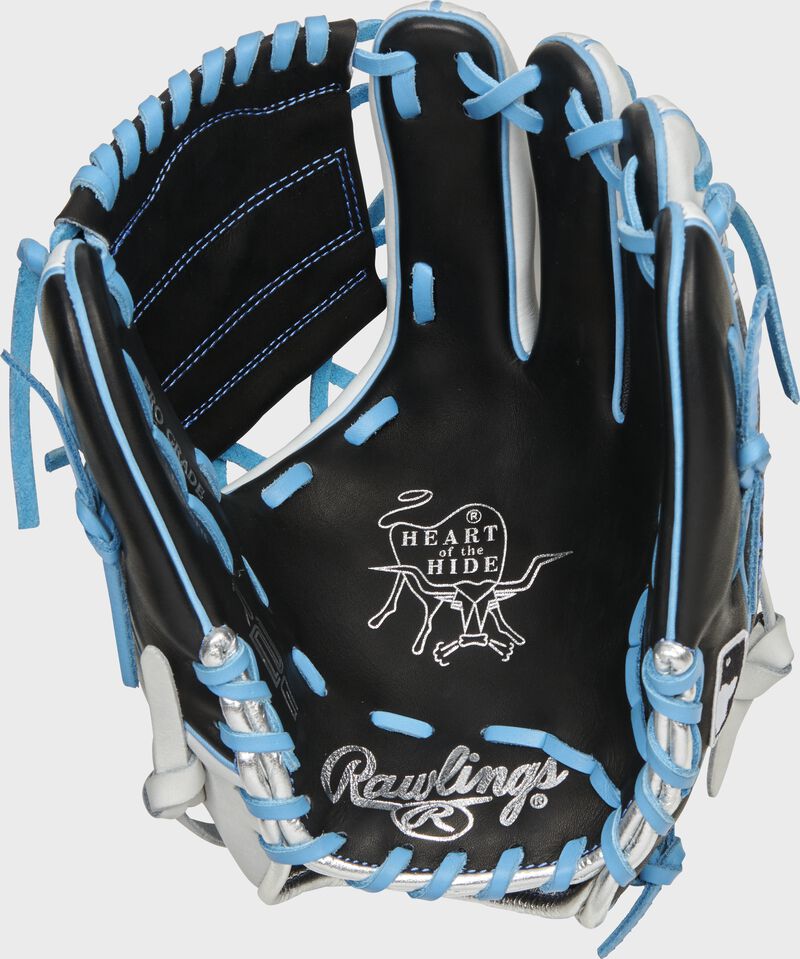 Black palm of a Rawlings Heart of the Hide R2G glove with columbia blue laces and a silver palm stamp - SKU: PROR204-8BWSS