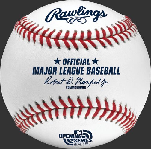 Front view of a ROMLBOS19 Official 2019 MLB Japan Series ball with the event logo and commissioner's signature