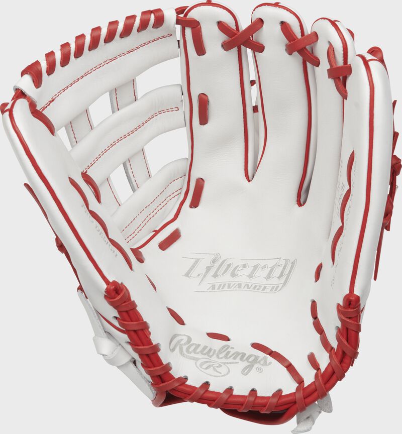 RLA130-6W Rawlings 13-inch outfield softball glove with a white palm and scarlet laces