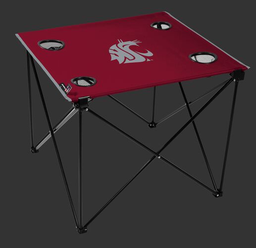 A red NCAA Washington State Cougars deluxe tailgate table with four cup holders and team logo printed in the middle SKU #00713113111