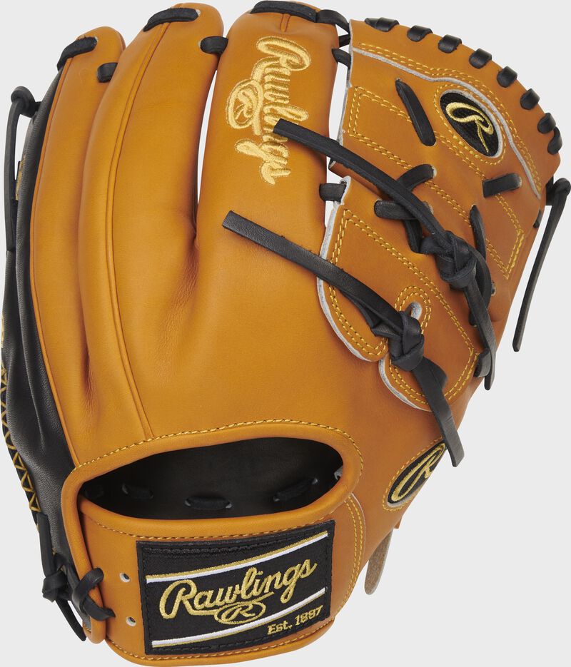 Tan back of a Heart of the Hide 11.75" 2-piece solid web glove with a black Rawlings patch - SKU: PRO205-9TB