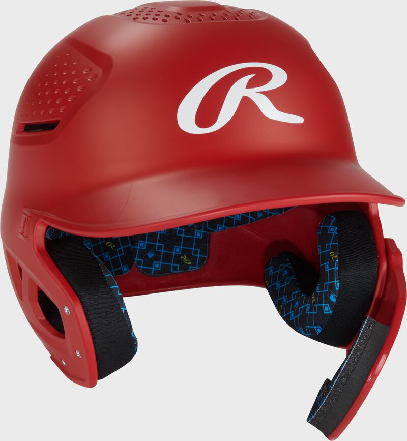 Front right of a scarlet Rawlings RX2 Reverse batting helmet loading=