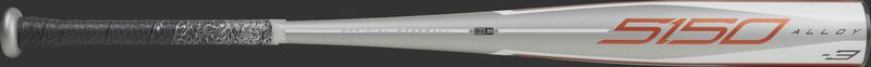 Barrel of a grey BBZ53 Rawlings 2020 5150 BBCOR bat with orange accents and black/grey grip
