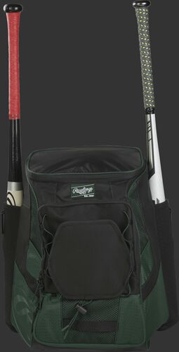 Front of a dark green/black R600 Rawlings players team backpack with a bat in each of the side compartments