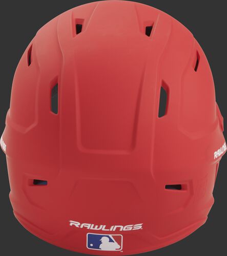 Back of a scarlet MACH high performance senior helmet with the Official Batting Helmet of MLB logo