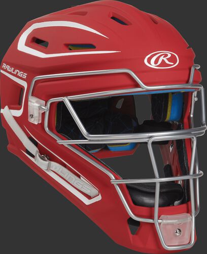 Front right of a scarlet CHMCHS Rawlings Mach catcher's helmet