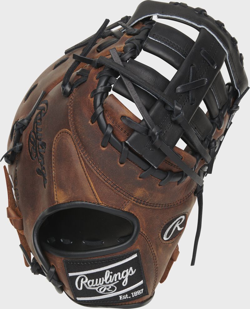 Black timberglaze back of a 13" Heart of the Hide R2G 1st base mitt with a black Rawlings patch - SKU: RSGRPRORDCTTIB