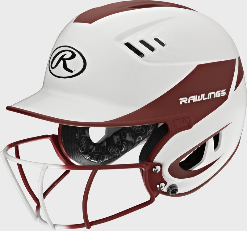 A white/cardinal R16H2FGS Velo senior batting helmet with a white/cardinal facemask