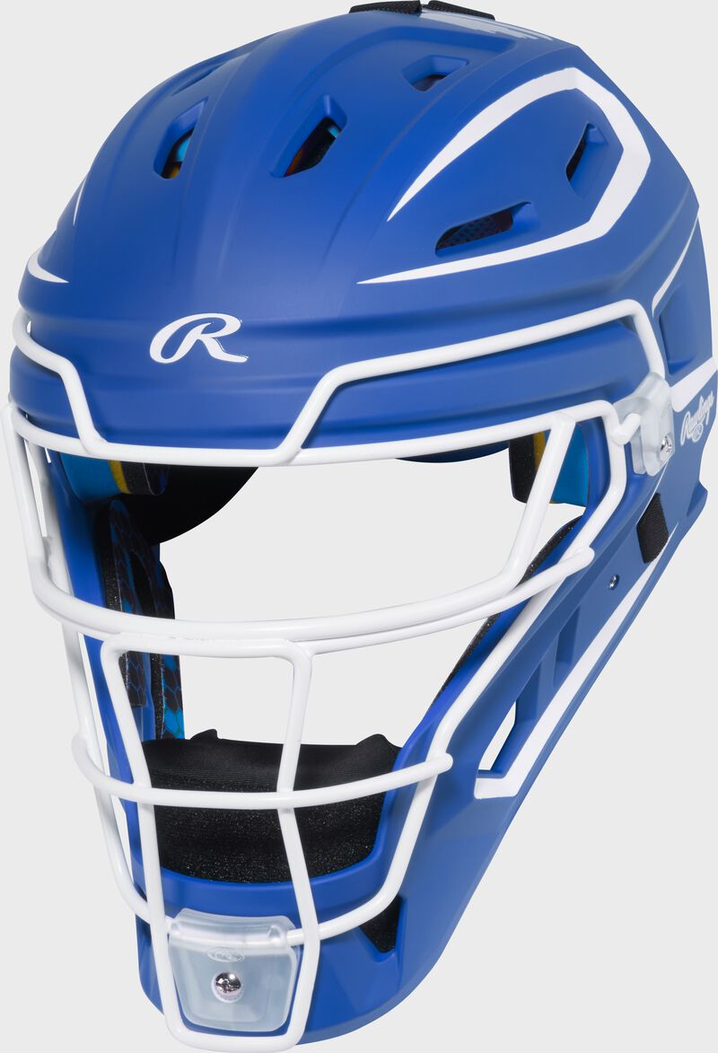 Front left of a royal Rawlings Mach Pro Series catcher's helmet loading=