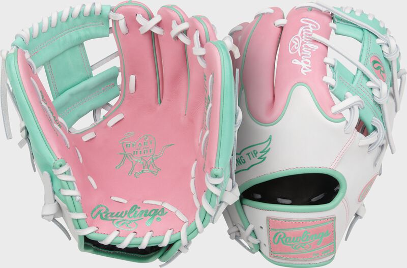 Two images showing the palm & back of a pink/white/mint Heart of the Hide 11.5" Wing Tip glove