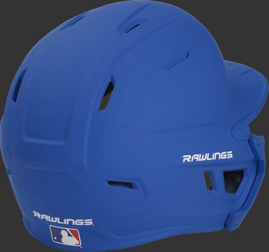 Back right of a matte royal MACHEXTL Rawlings junior size batting helmet