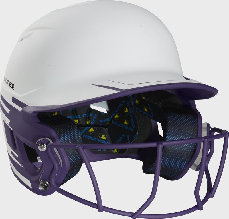 Front right-side view of Rawlings Mach Ice Softball Batting Helmet, Purple - SKU: MSB13