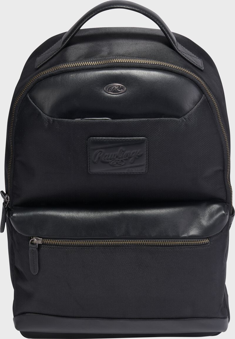 Front of a black Rawlings Deuce backpack