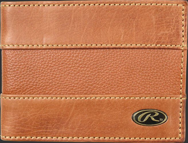 A tan RW80004-204 Bases Loaded bi-fold wallet folded close with a gold Oval R logo in the bottom right