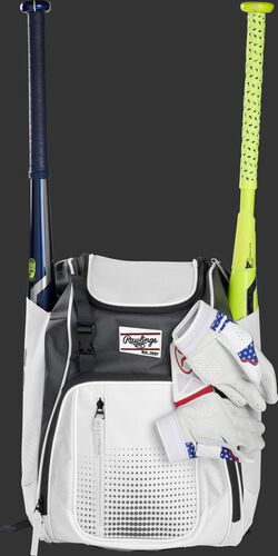 A white Franchise backpack with two bats in the sides and batting gloves on the front Velcro strap - SKU: FRANBP-W