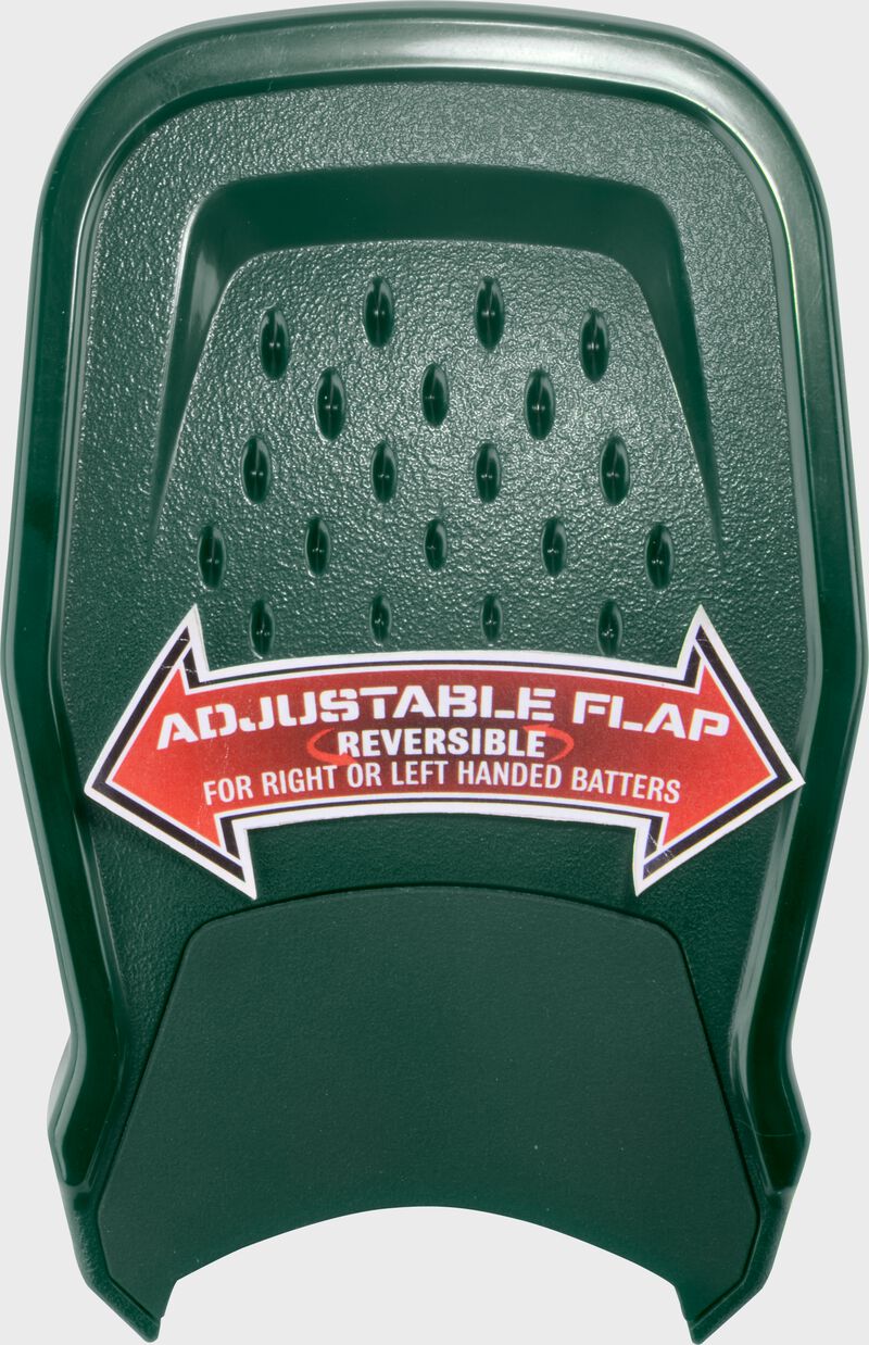 A dark green Rawlings RX2 Reverse adjustable batting helmet extension with a sticker showing the adjustability loading=