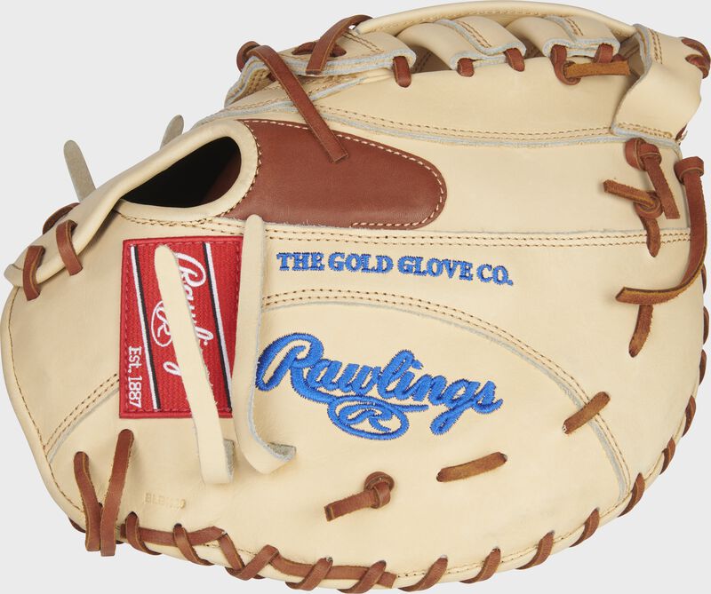 Back of a left handed camel Pro Preferred 12.25-Inch first base mitt with a red Rawlings patch - SKU: PROSCM20CPRO-RH