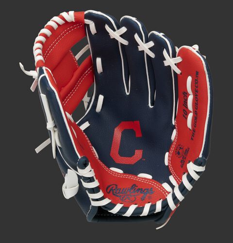 A navy/red Rawlings Cleveland Baseball Team youth glove with a Cleveland logo stamped in the palm - SKU: 22000014111