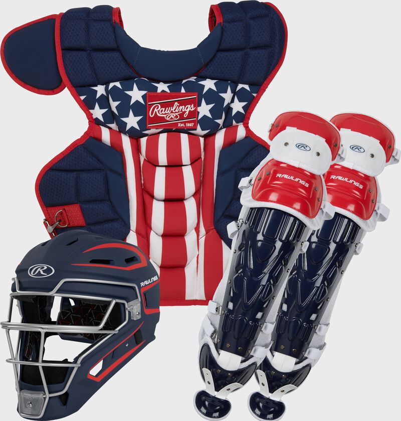 A USA Velo 2.0 catcher's gear set with a catcher's helmet, chest protector and leg guards - CSV2A-NSW