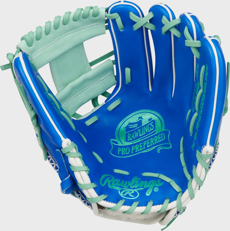 Royal palm of a Rawlings Pro Preferred 11.5-Inch Wing Tip Infield Glove with mint stamping and laces