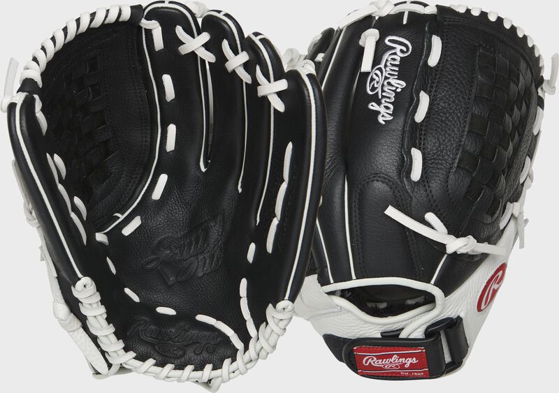 Two images showing the palm & back of a black/white Shut Out 12.5" softball glove loading=