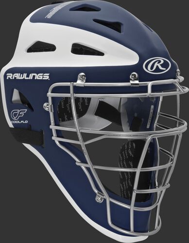 Front right of a navy/white CHVELY Rawlings Velo catcher's helmet