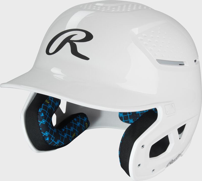 Front left of a white Rawlings RX2 gloss baseball batting helmet loading=
