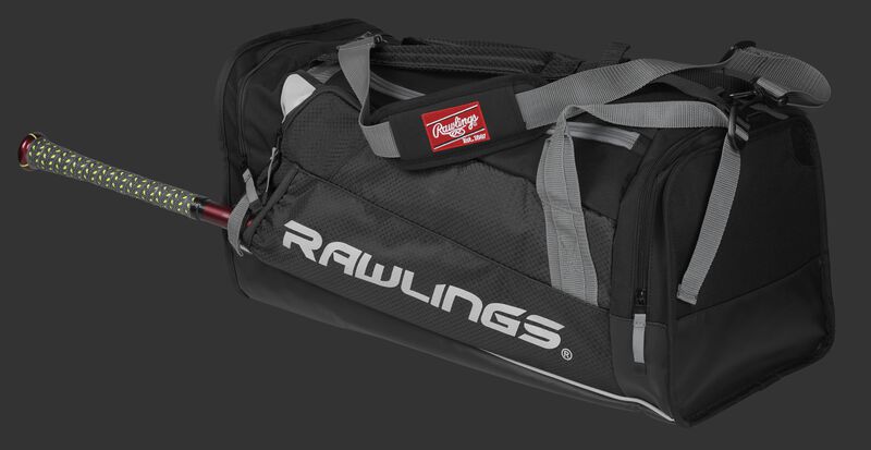 Side angle view of a black R601 Hybrid players bag with a Rawlings logo on the side