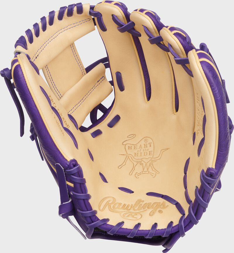 Camel palm of a Heart of the Hide 11.75-Inch Purple Infield Glove with purple laces